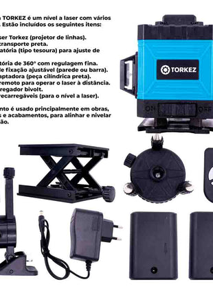 Nível Laser 12 Linhas Profissional com 2 Baterias 3000mAh - Torkez